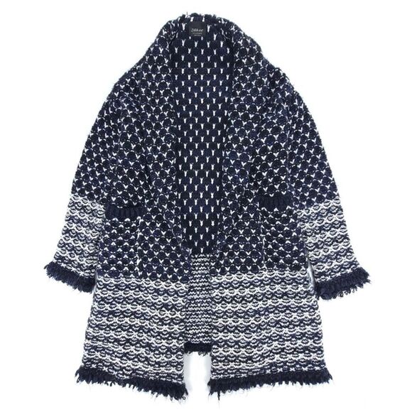 ZARA Long Boho Jacquard Knit Western Fringe Cardigan Sweater Coat Medium Navy - Picture 1 of 8